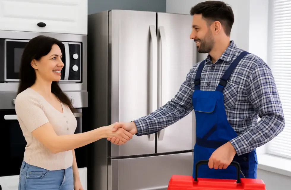 Certified appliance repair technician fixing refrigerator Tampa Bay
