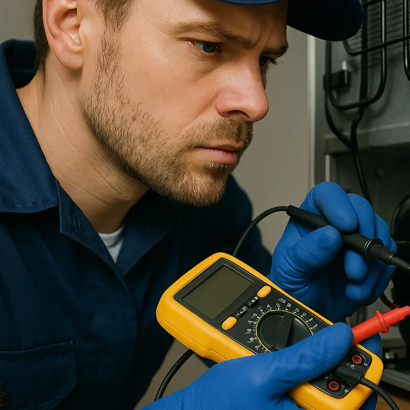 Close-up-technician fixing a refrigerator-with-a-tester