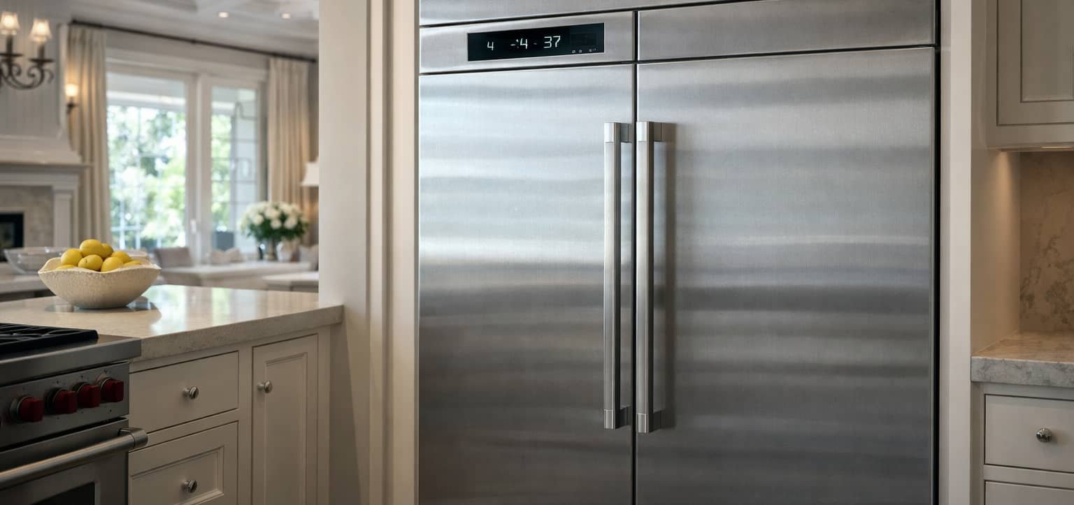 High-end built-in refrigerator in a luxury kitchen, serviced by premium refrigerator repair specialists in Tampa Bay