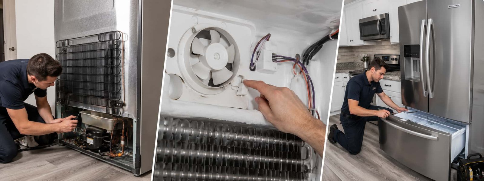 Appliance repair technician diagnosing a stainless steel KitchenAid refrigerator in a bright Tampa Bay kitchen