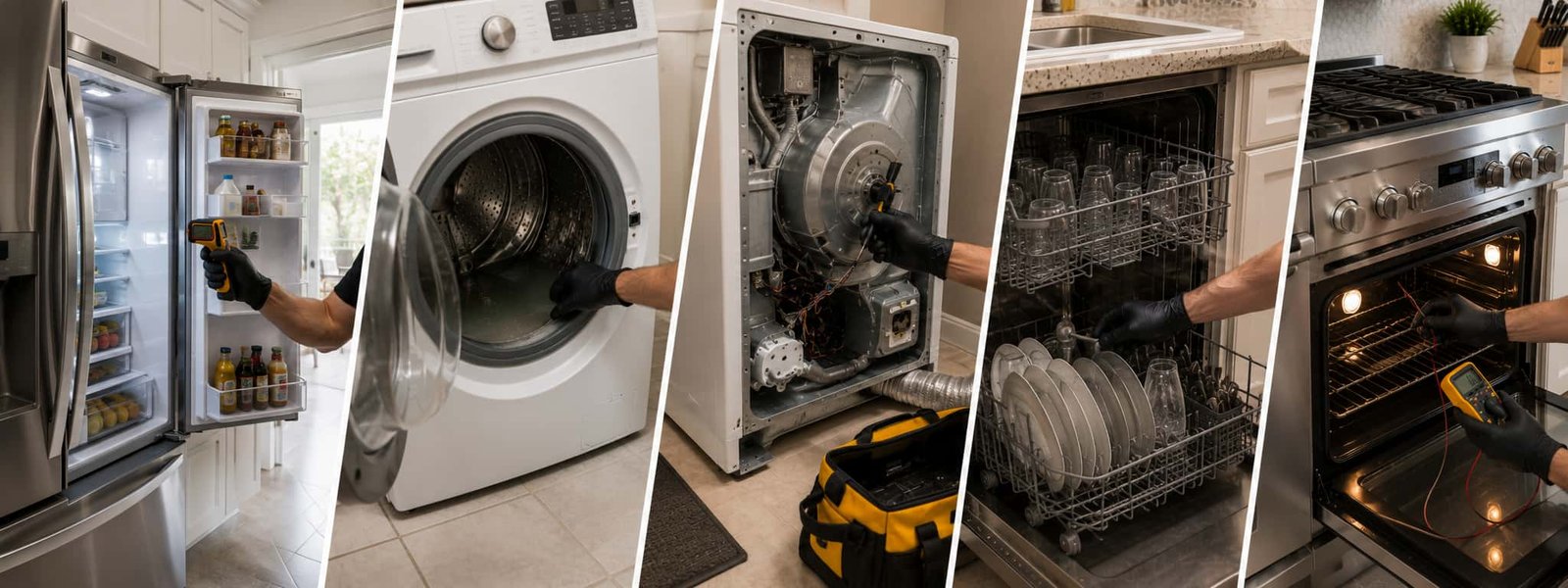 Appliance Repair Optimal technician diagnosing common refrigerator, washer, dryer, dishwasher, and oven problems in a Pasco County home