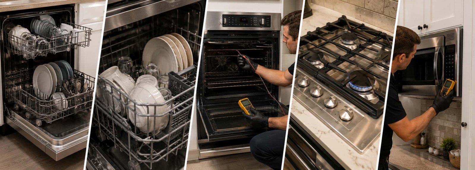 Technician inspecting a washer drain pump filter, suspension system, door boot, and hose connections in Pasco County