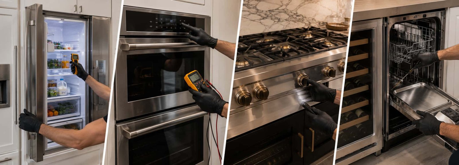 Appliance technician testing dishwasher circulation, oven temperature, gas ignition, and cooktop electrical controls with professional tools